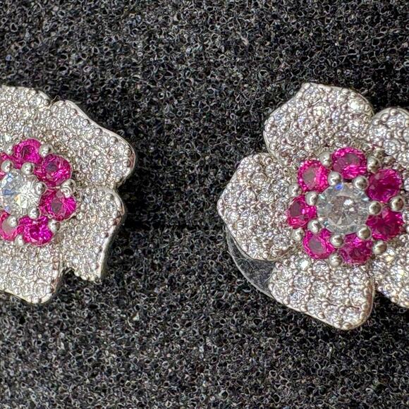 Boutique Jewelry - Sterling Silver Magenta Floral Stud Earrings - Rhodium Plated Cluster